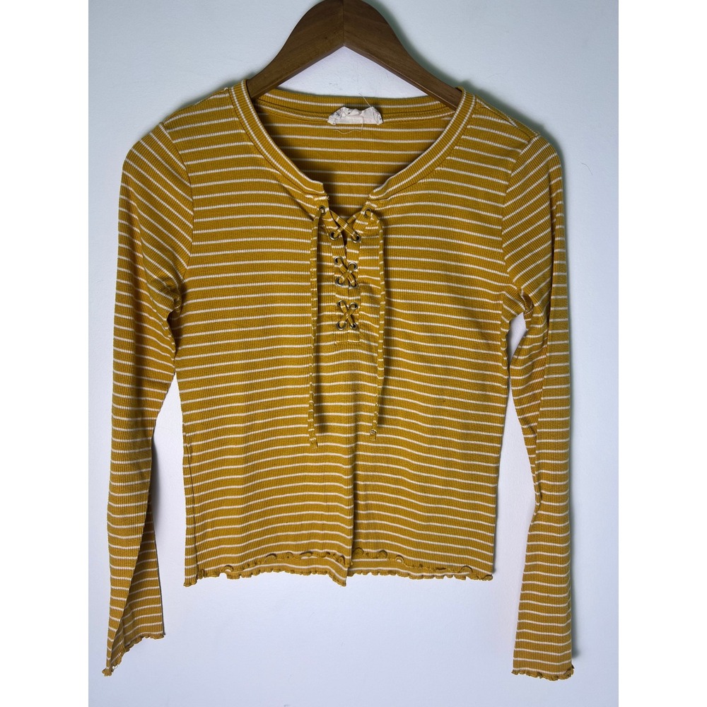 Pink Republic M Top Boho Yellow Striped Lace Up Ribbed Lettuce Hem Cottage Y2K